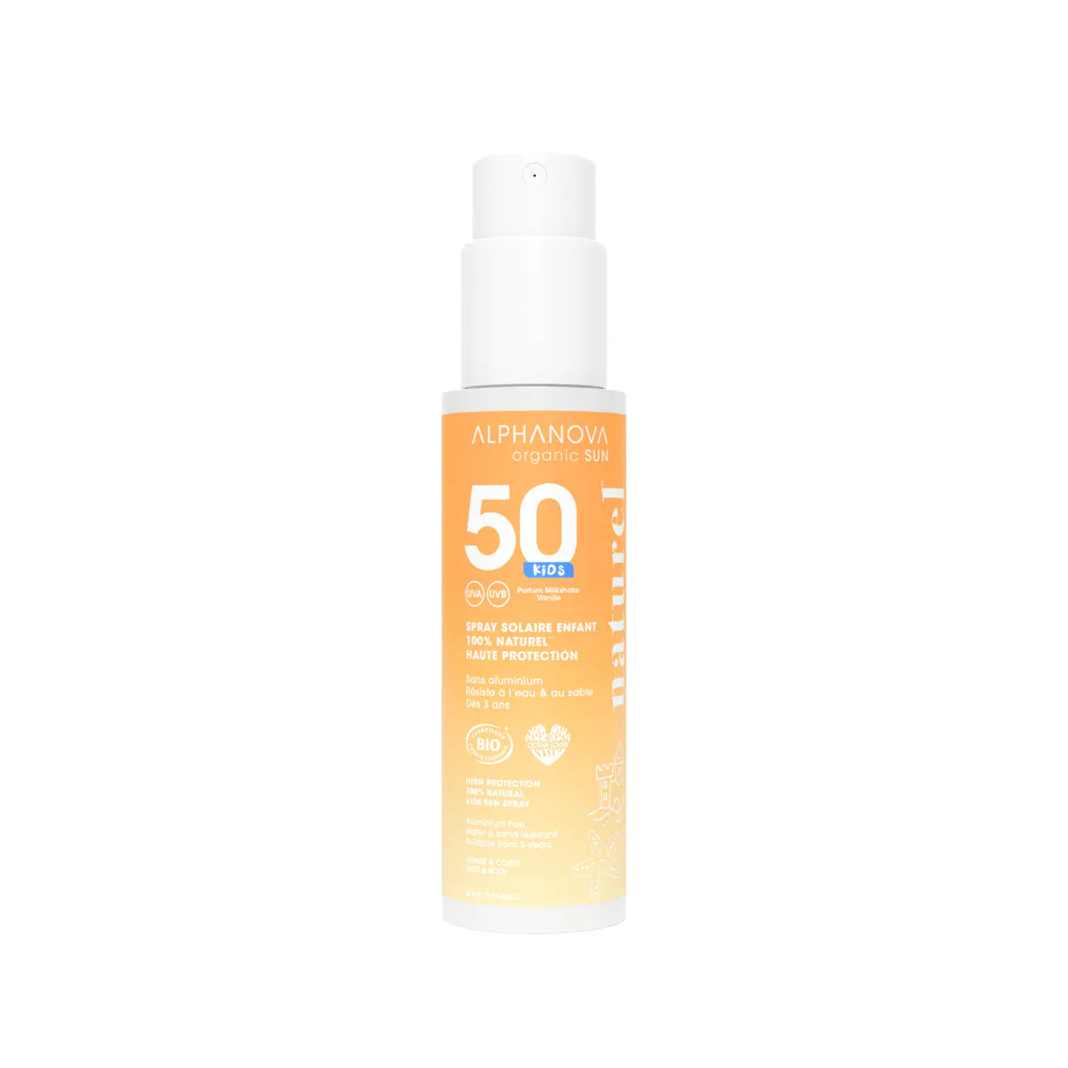Villem ALPHANOVA 100% looduslik mineraalfiltritega laste päikesekaitsesprei tundlikule nahale vanilje milkshake’i lõhnaga SPF50, 100g ALPHANOVA