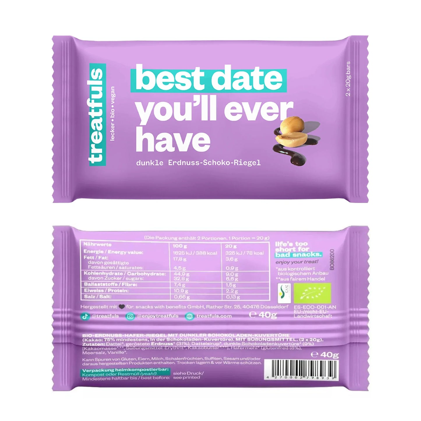 Villem Best Date You’ll Ever Have mahe vegan maapähkli-kaerabatoon tumeda Fairtrade šokolaadiga 2 × 20 g Treatfuls