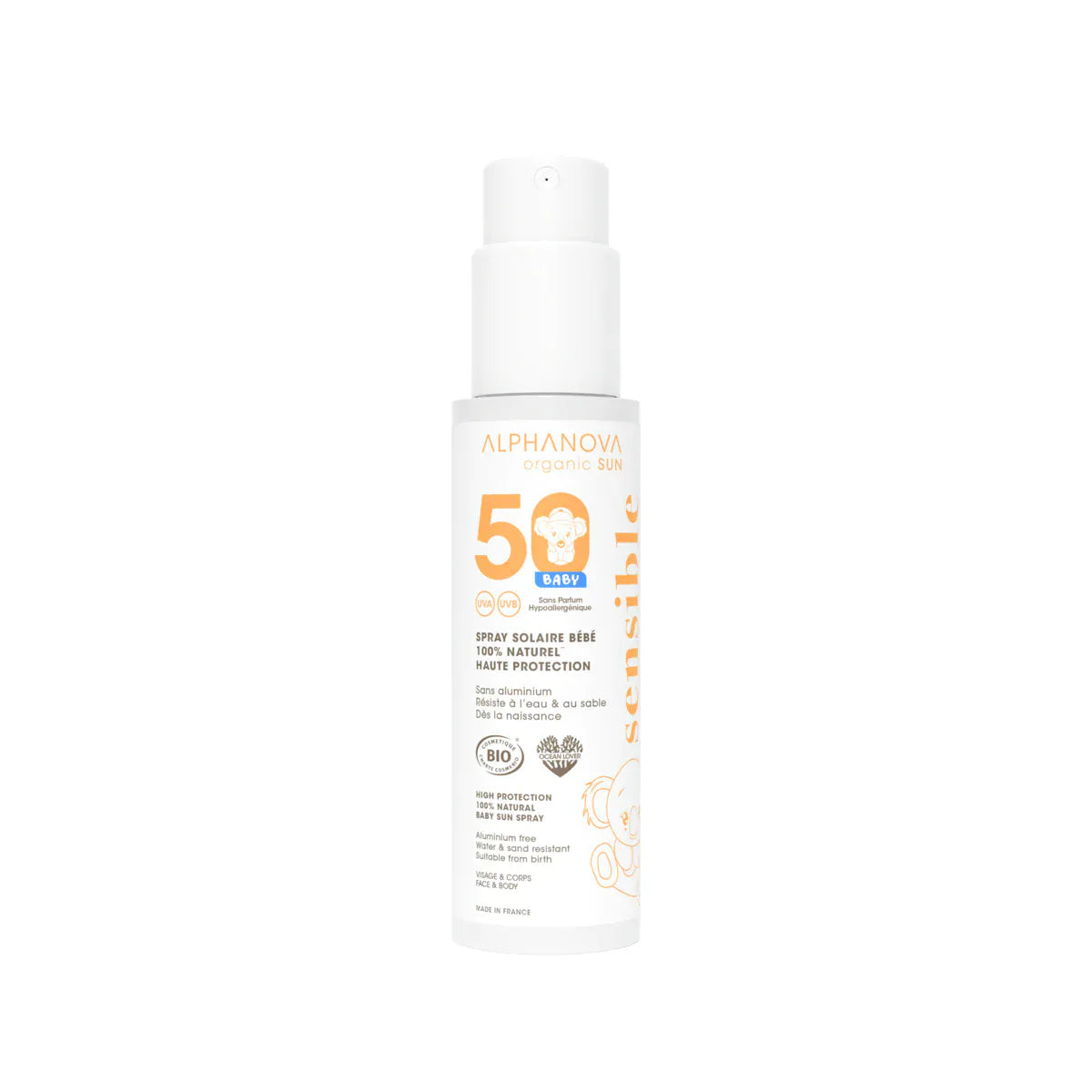 Villem ALPHANOVA 100% looduslik mineraalfiltritega beebi päikesekaitsesprei õrn kaitse alates sünnist SPF50, 100g ALPHANOVA