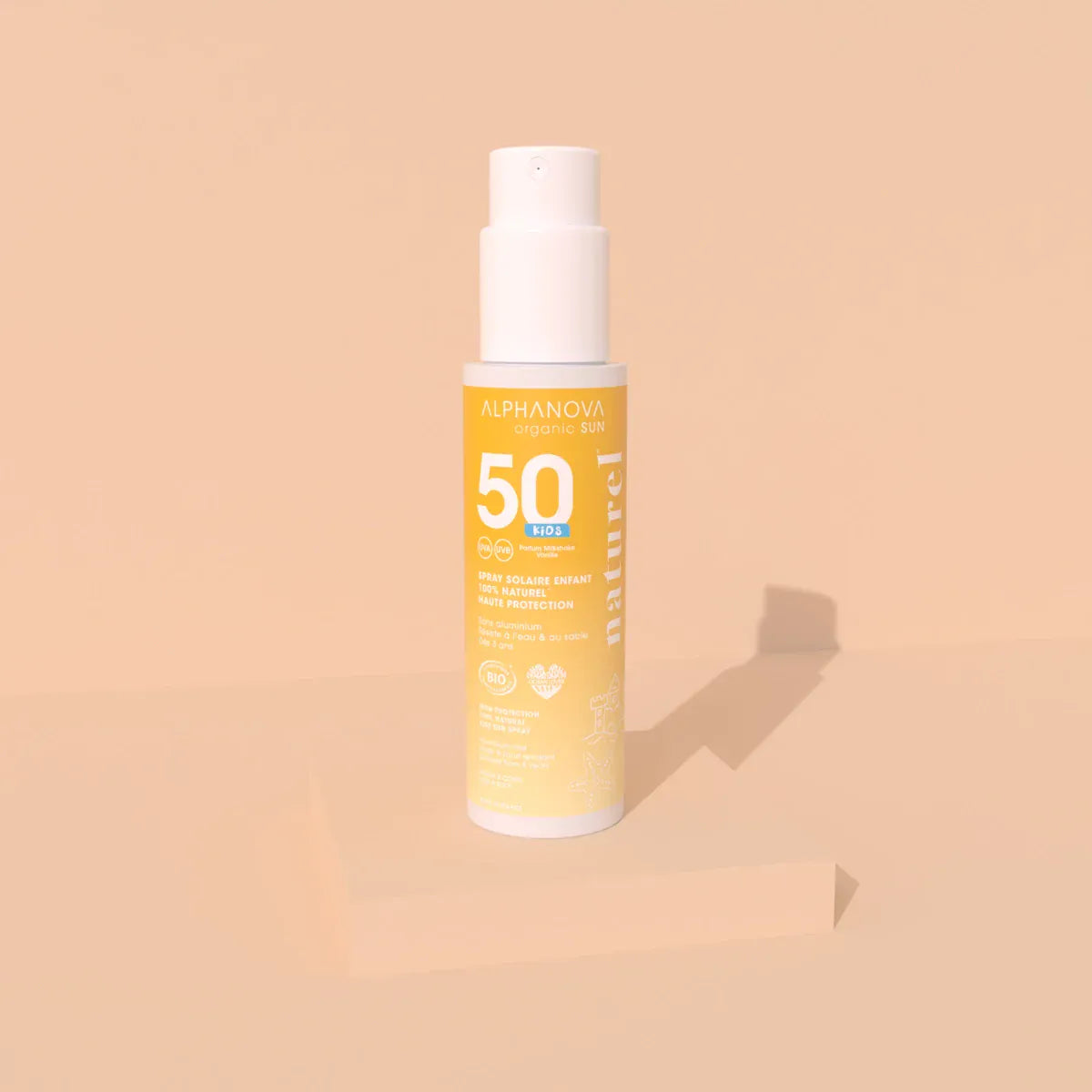 Villem ALPHANOVA 100% looduslik mineraalfiltritega laste päikesekaitsesprei tundlikule nahale vanilje milkshake’i lõhnaga SPF50, 100g ALPHANOVA
