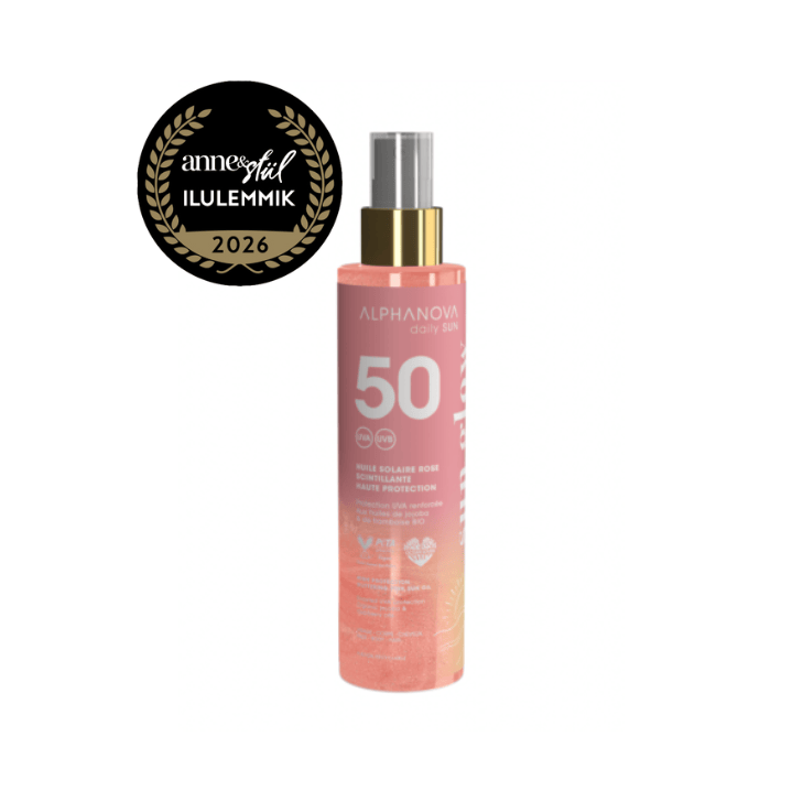Villem ALPHANOVA DAILY SUN SPF50 säraosakestega päikesekaitseõli vaarikaseemneõliga ja monoi lõhnaga, 125ml ALPHANOVA
