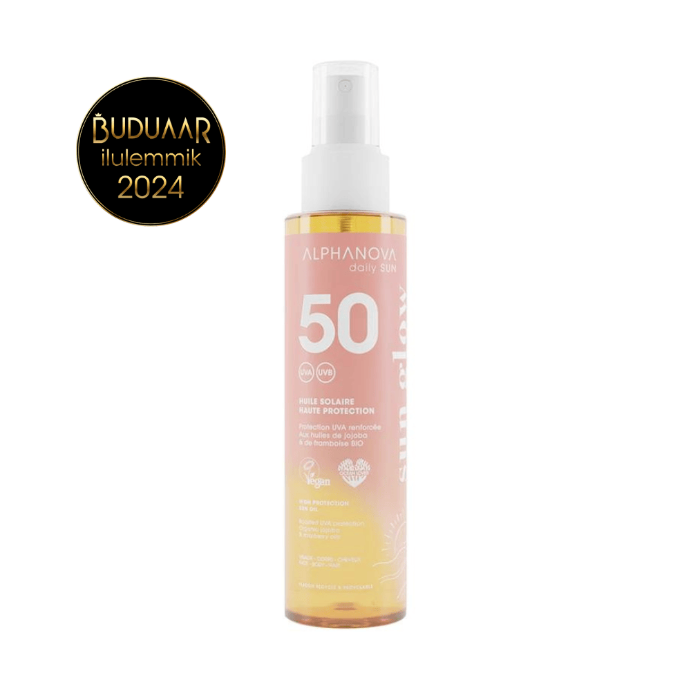 Villem ALPHANOVA DAILY SUN SPF50 veekindel sprei päevitusõli vaarikaseemne ja jojobaõliga monoi lõhnaga, 125 ML ALPHANOVA