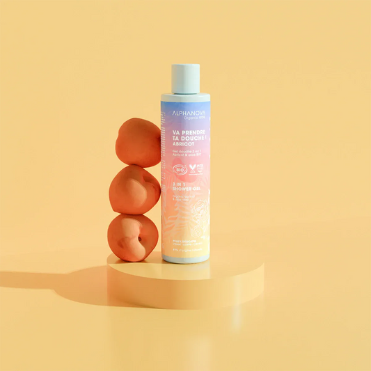 Villem ALPHANOVA KIDS orgaaniline nahka niisutav mandliõli ja kummeliekstraktiga aprikoosi ja aloe vera šampoon-dušigeel lastele, 250 ml ALPHANOVA