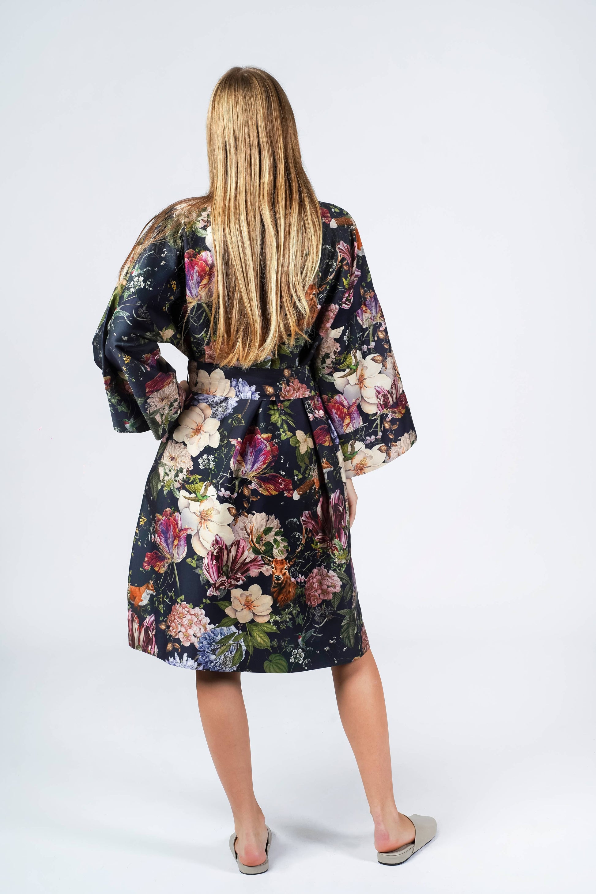 Villem Puuvillasatiinist kimono-hommikumantel Magic Garden Blue OEKO-TEX® sertifikaadiga L/XL DecoFlux Home
