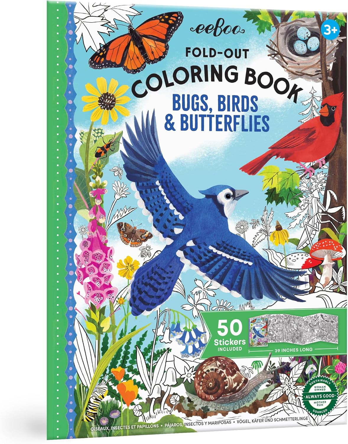 Villem EEBOO Bugs, Birds and Butterflies kokkuvoldutav värviraamat + 50 kleepsu EEBOO