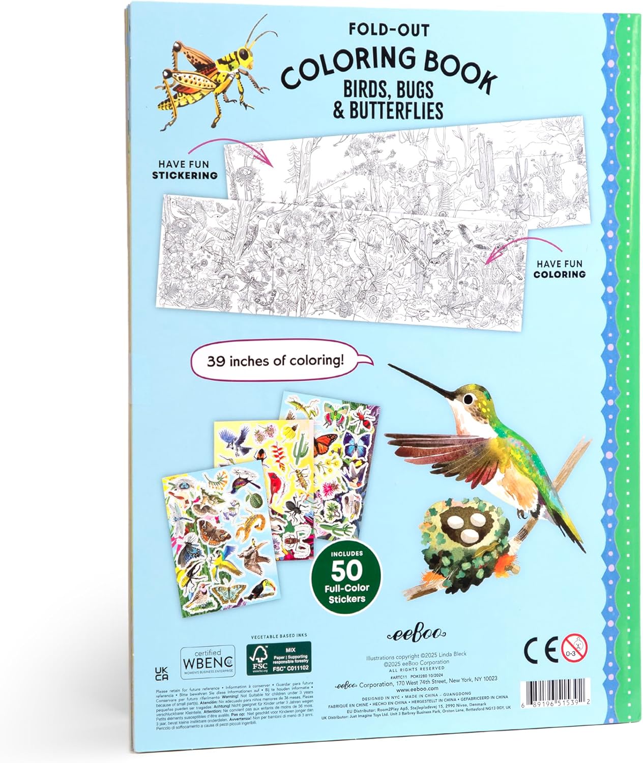 Villem EEBOO Bugs, Birds and Butterflies kokkuvoldutav värviraamat + 50 kleepsu EEBOO