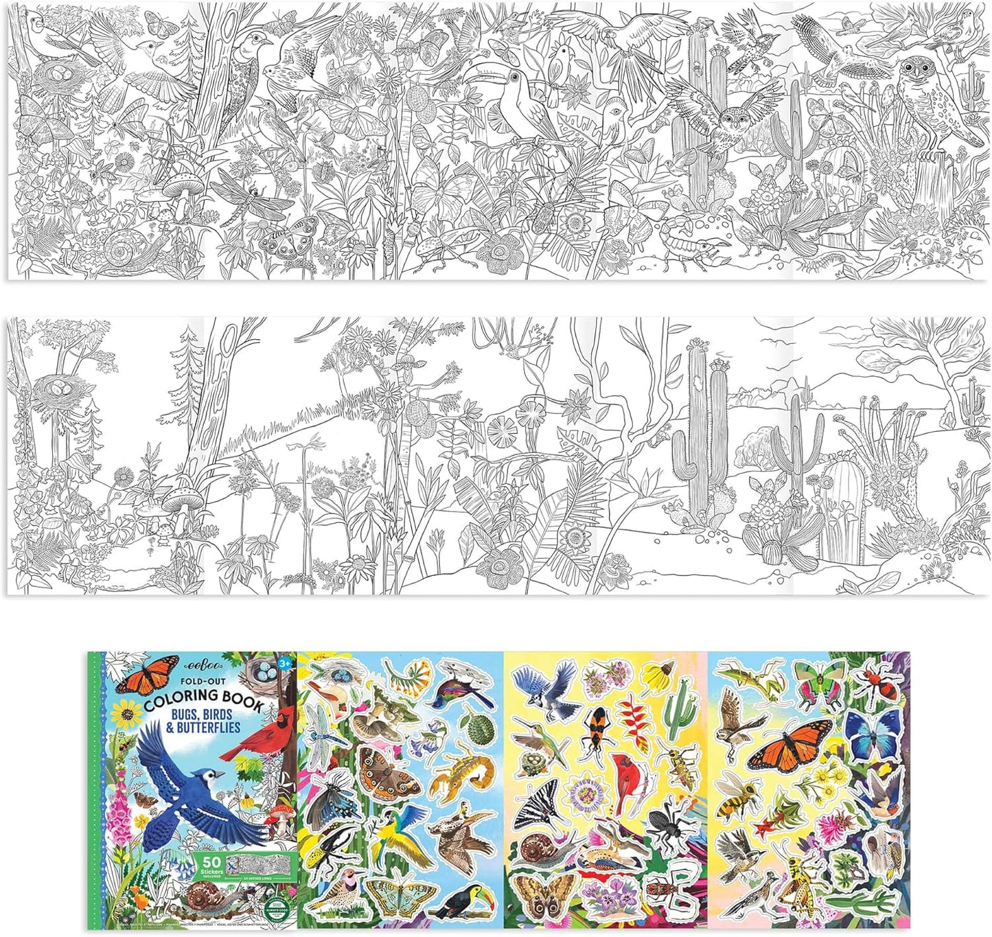 Villem EEBOO Bugs, Birds and Butterflies kokkuvoldutav värviraamat + 50 kleepsu EEBOO