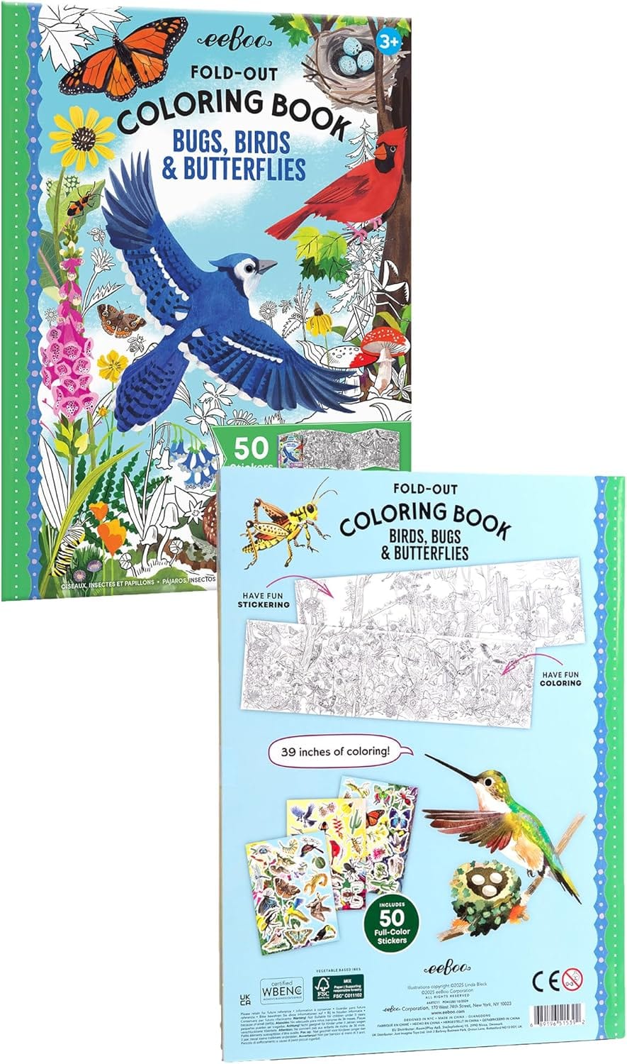 Villem EEBOO Bugs, Birds and Butterflies kokkuvoldutav värviraamat + 50 kleepsu EEBOO