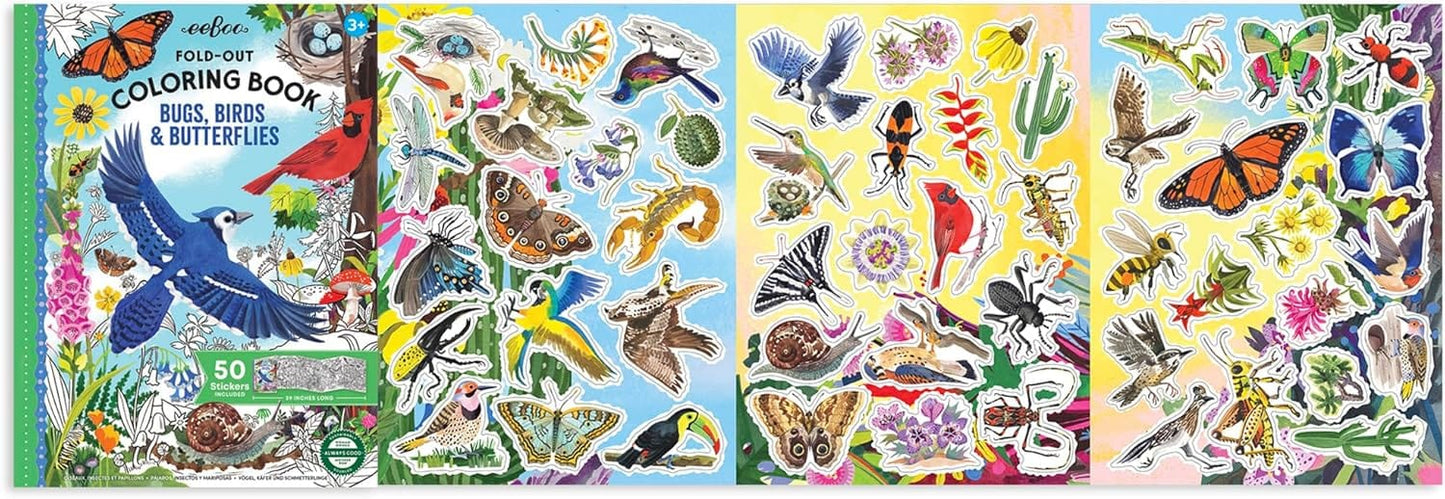Villem EEBOO Bugs, Birds and Butterflies kokkuvoldutav värviraamat + 50 kleepsu EEBOO