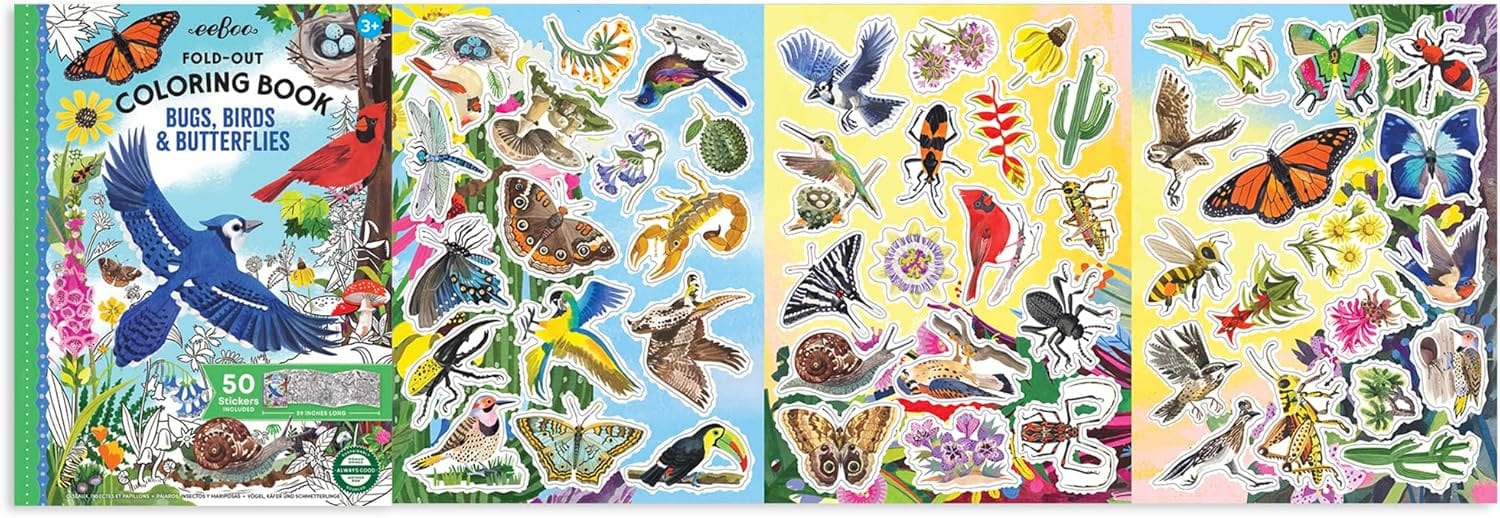 Villem EEBOO Bugs, Birds and Butterflies kokkuvoldutav värviraamat + 50 kleepsu EEBOO