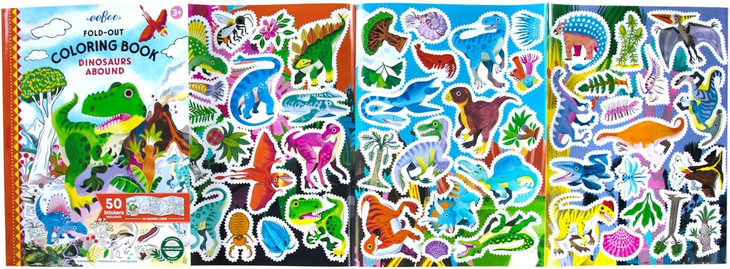 Villem EEBOO Dinosaurs Abound kokkuvoldutav värviraamat + 50 kleepsu EEBOO