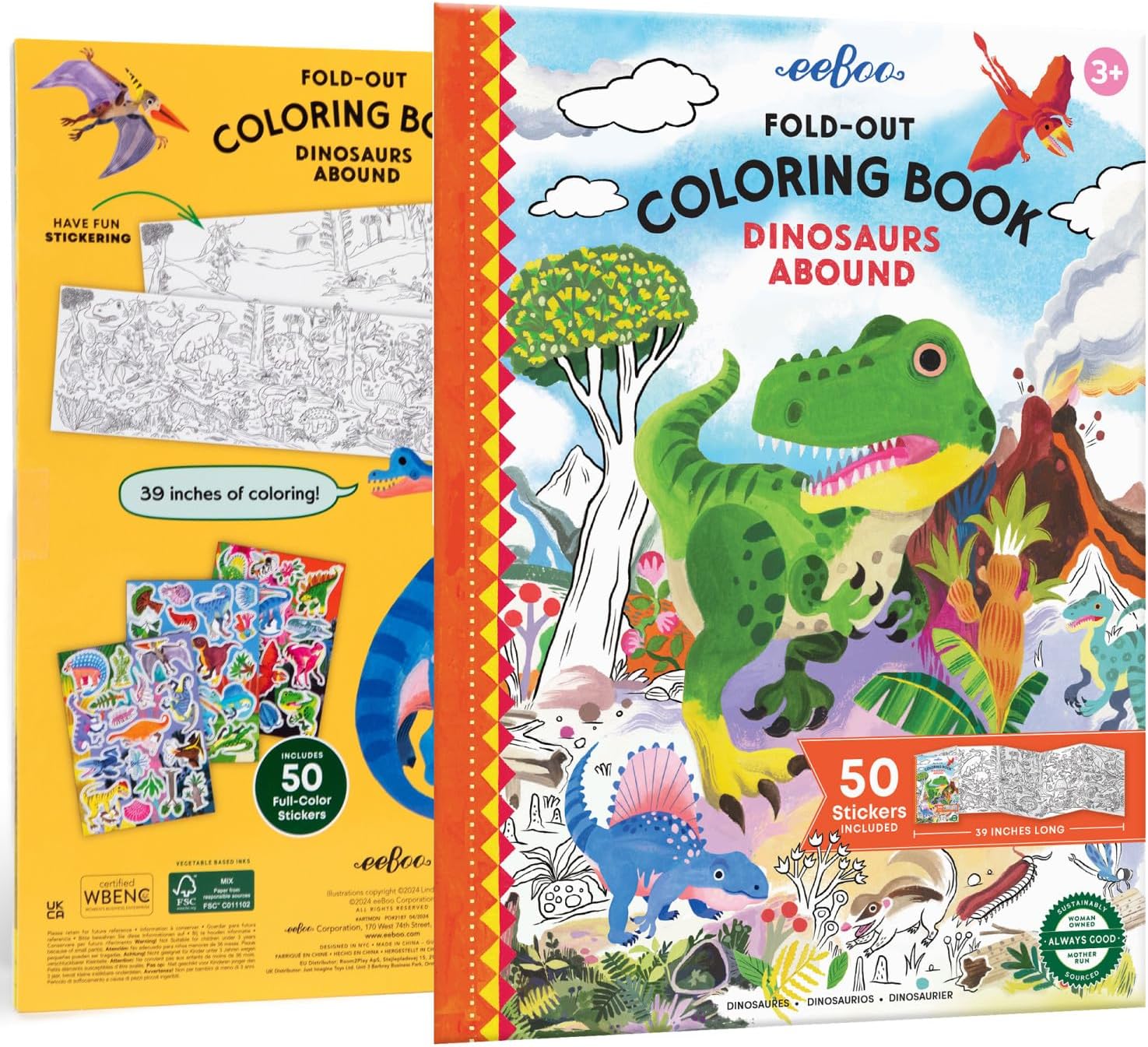 Villem EEBOO Dinosaurs Abound kokkuvoldutav värviraamat + 50 kleepsu EEBOO