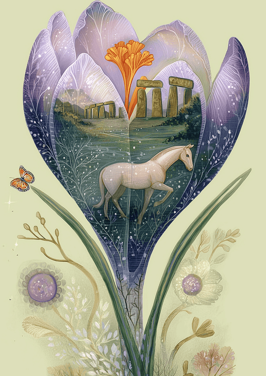 Villem Spring at Stonehenge: Crocus & Horse | Postkaart A6 Fripperies