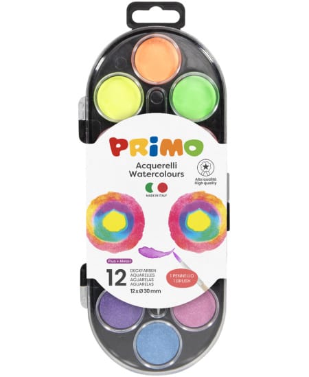Villem PRIMO vesivärvikomplekt metallik ja neoon, 12 värvi + pintsel PRIMO
