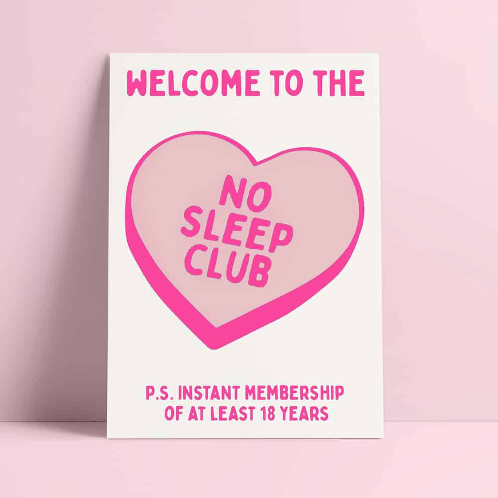 Villem Postkaart – “No Sleep Club” (roosa) Studio Inktvis