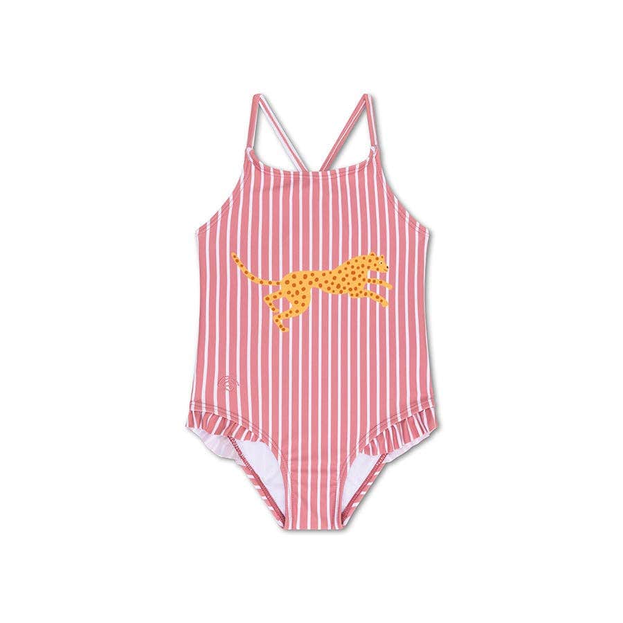 Villem Swimsuit Girls - Red/White Striped - Daisy Flower: 122/128 Swim Essentials