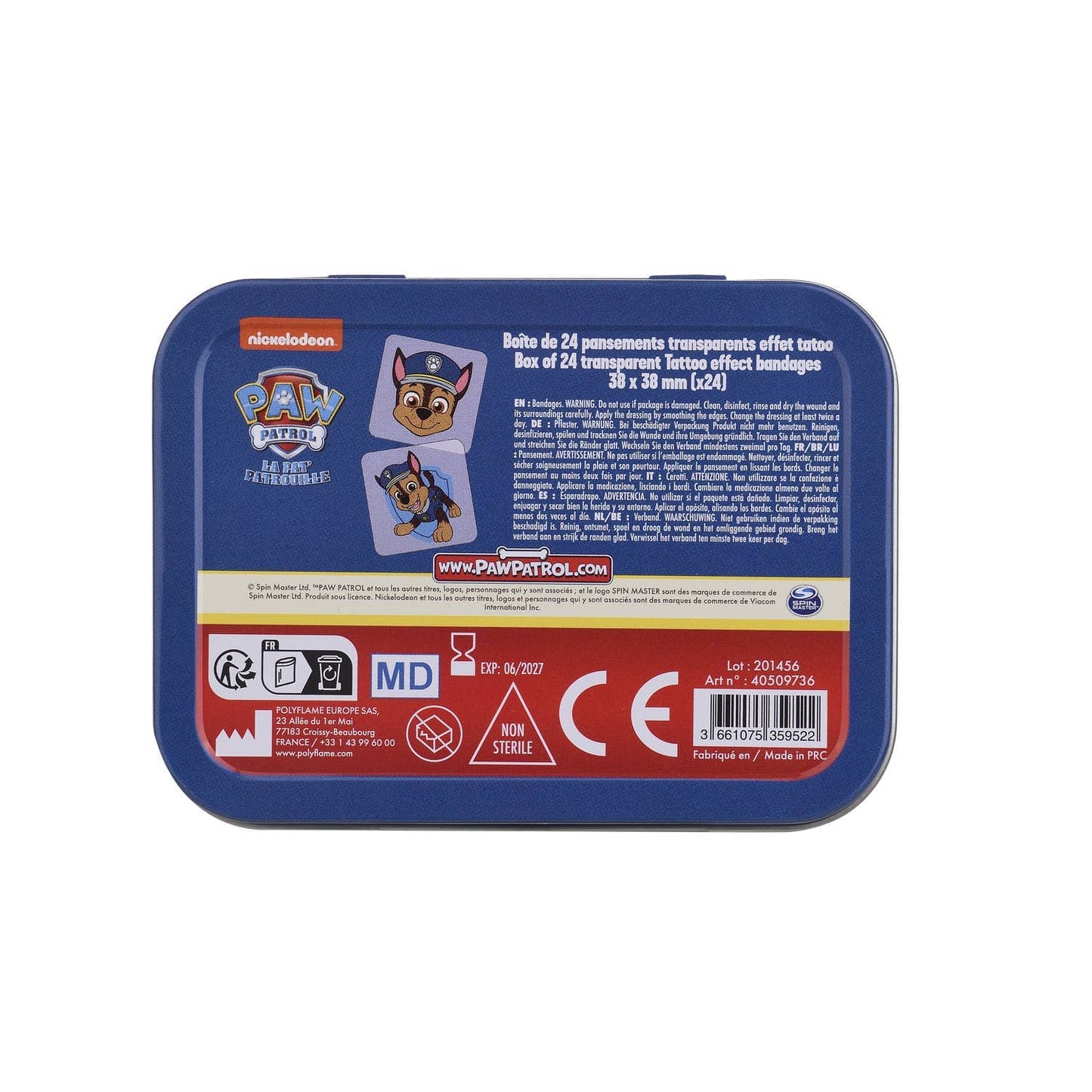 Villem Paw Patrol Chase tattoo-efektiga plaastrid metallkarbis 24 tk Takecare by polyflame europe