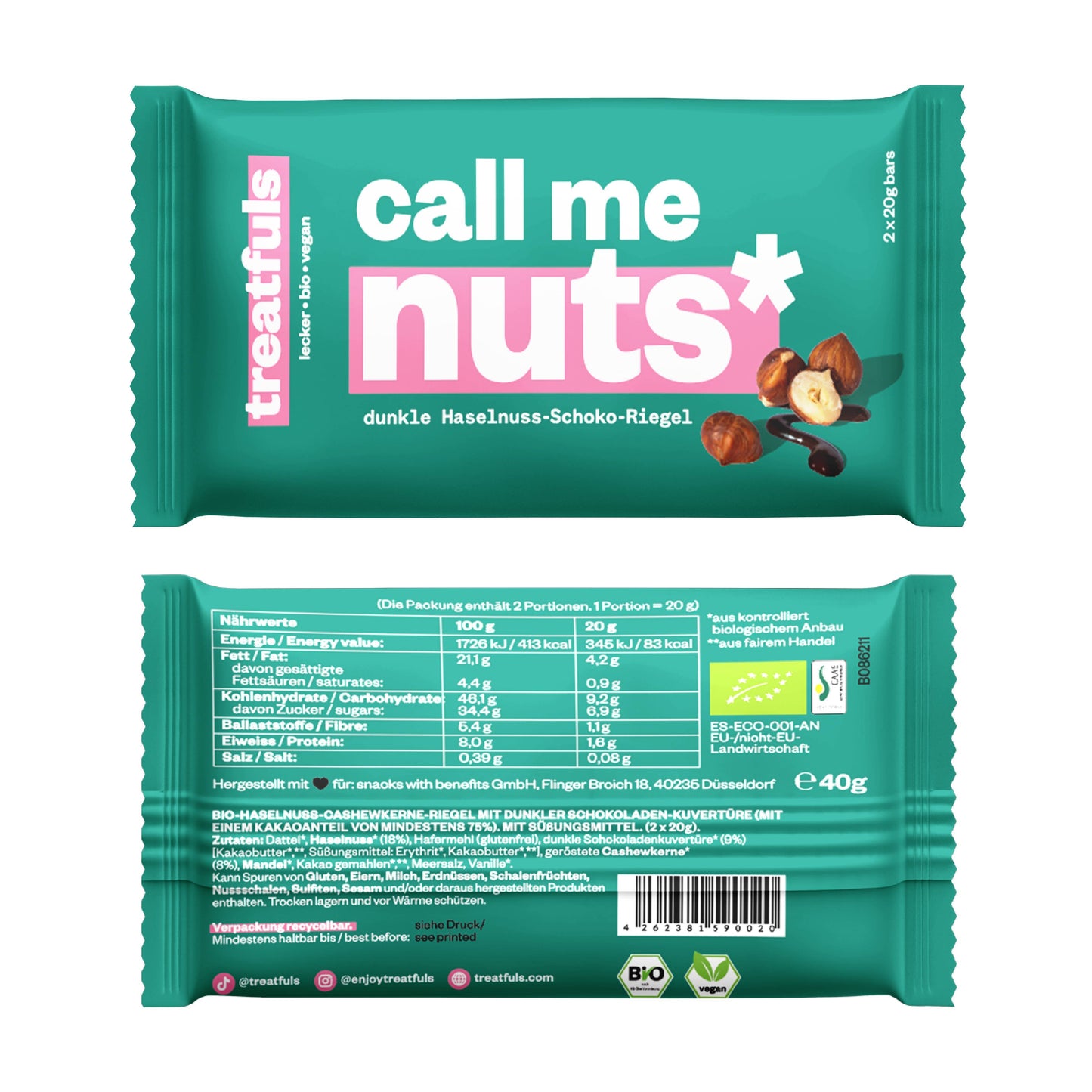 Villem Call Me Nuts mahe vegan pähklibatoon tumeda Fairtrade šokolaadiga 2 × 20 g Treatfuls