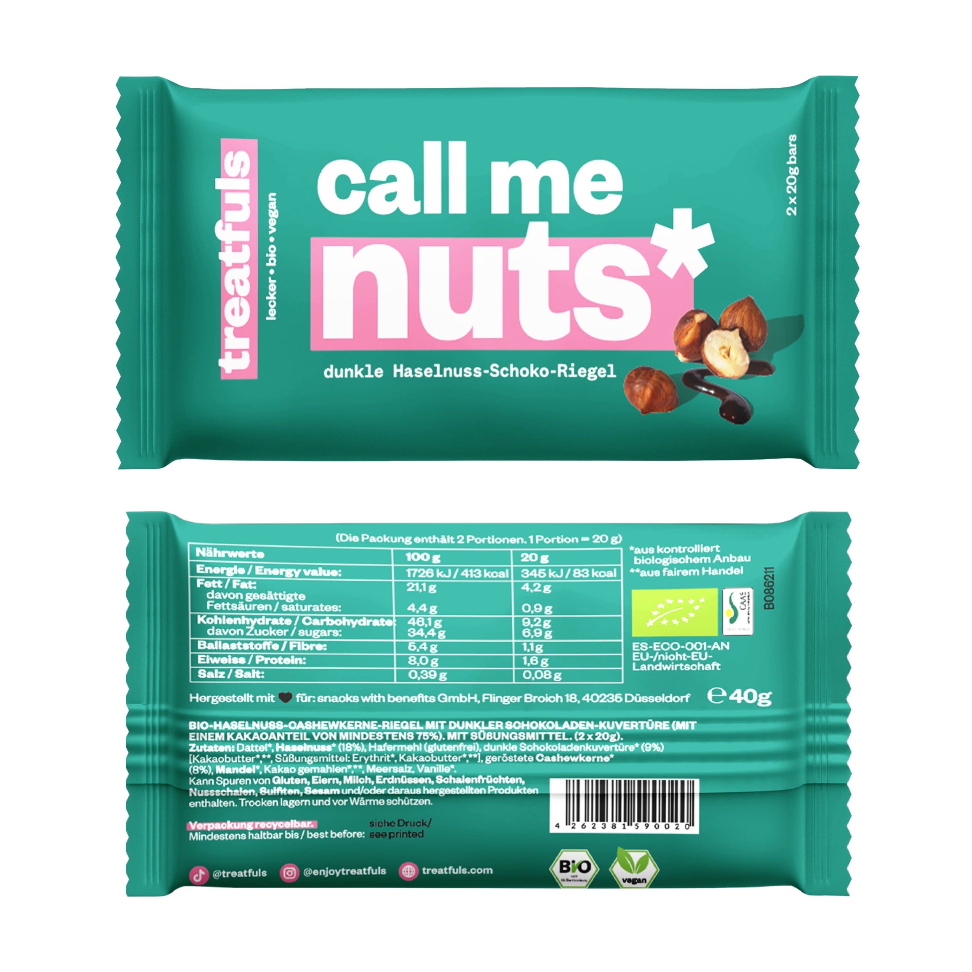Villem Call Me Nuts mahe vegan pähklibatoon tumeda Fairtrade šokolaadiga 2 × 20 g Treatfuls