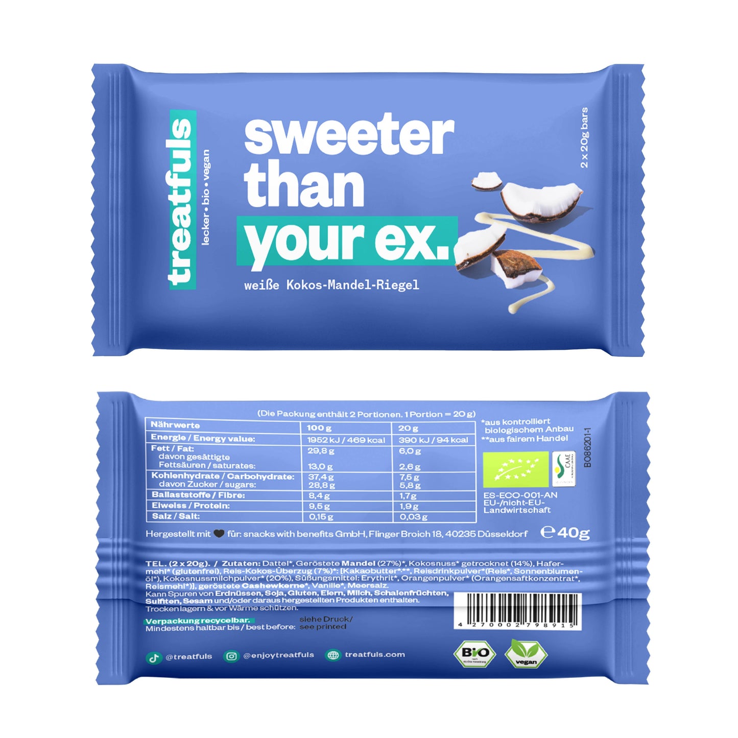 Villem Creamy Coco Kisses mahe vegan kookose-mandlibatoon valge kakaovõikattega 2 × 20 g Treatfuls