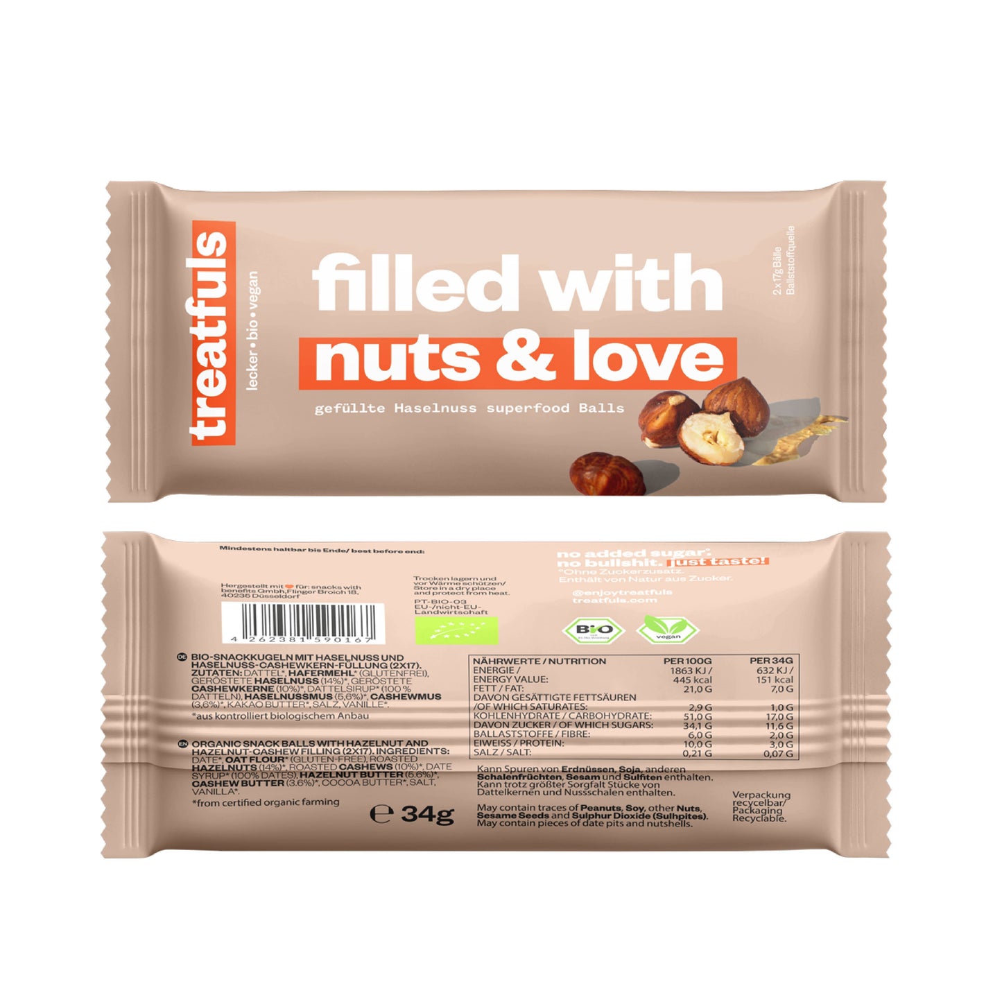 Villem Filled with Nuts and Love mahe vegan sarapuupähkli-cashew energiapallid 2 × 17 g Treatfuls