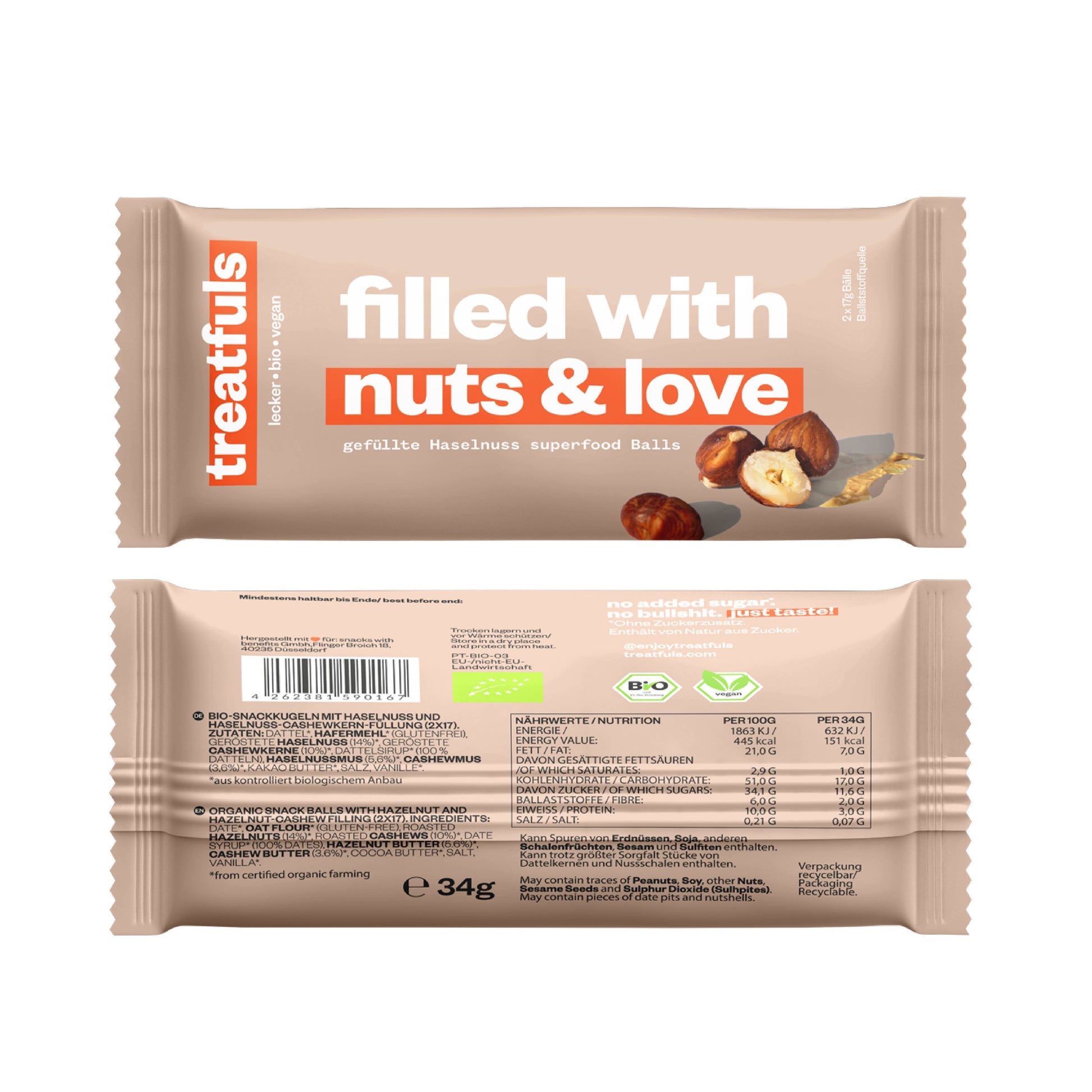 Villem Filled with Nuts and Love mahe vegan sarapuupähkli-cashew energiapallid 2 × 17 g Treatfuls
