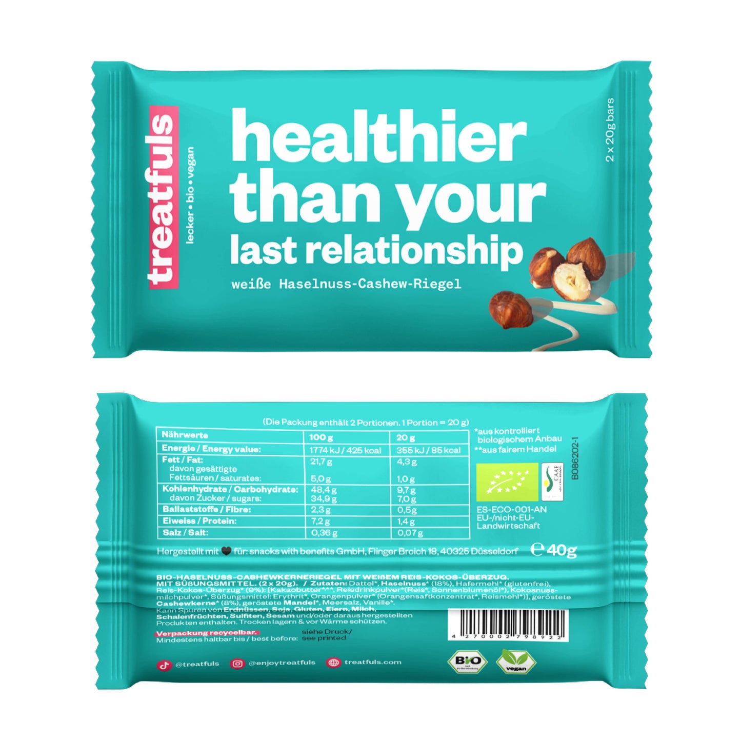 Villem Healthier than your last relationship mahe vegan sarapuupähkli-cashew batoon valge kakaovõikattega 2 × 20 g Treatfuls