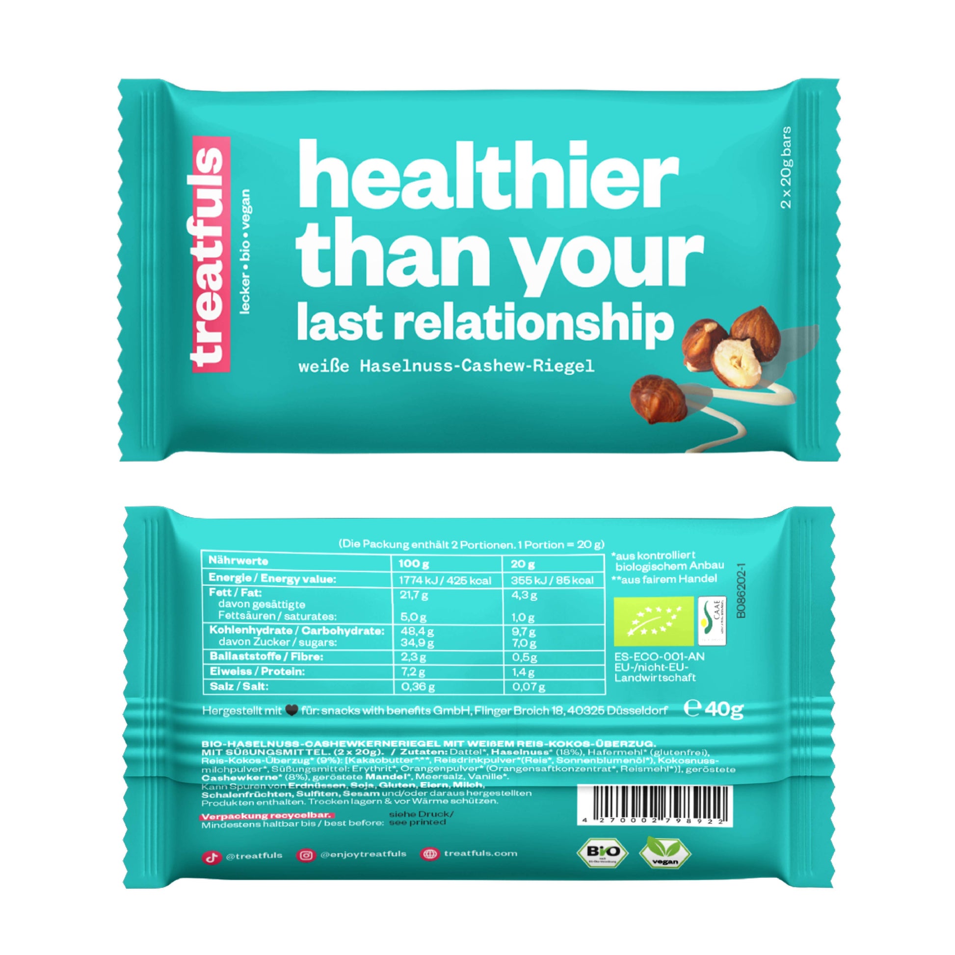 Villem Healthier than your last relationship mahe vegan sarapuupähkli-cashew batoon valge kakaovõikattega 2 × 20 g Treatfuls