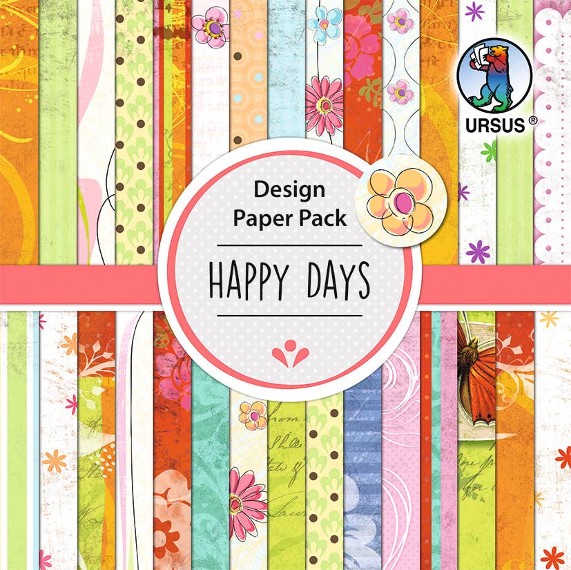 Villem Disainpaberite komplekt 15 × 15 cm, kahepoolsed mustrid, 30 lehte "Happy Days" URSUS®