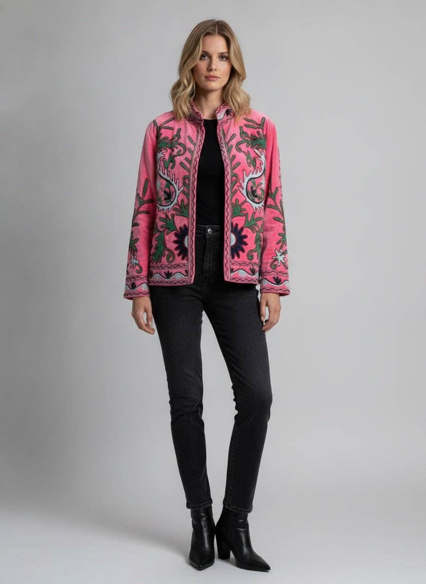 Villem The Bagh-e-Rajasthan — Suzani Embroidered Velvet Jacket — Rani Pink Zoshak