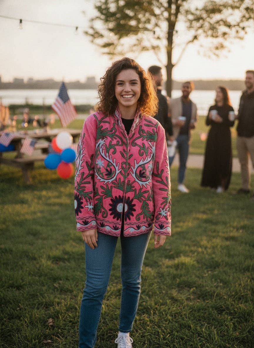 Villem The Bagh-e-Rajasthan — Suzani Embroidered Velvet Jacket — Rani Pink Zoshak