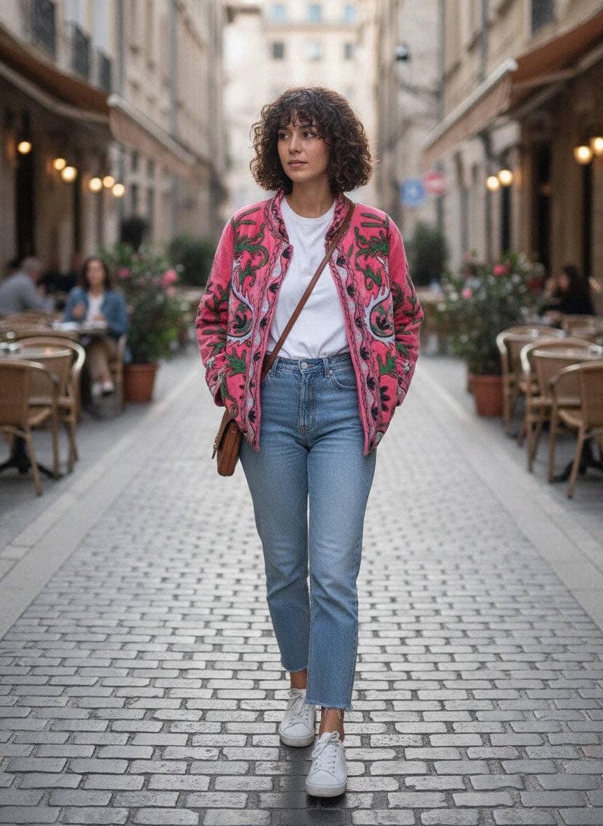 Villem The Bagh-e-Rajasthan — Suzani Embroidered Velvet Jacket — Rani Pink Zoshak
