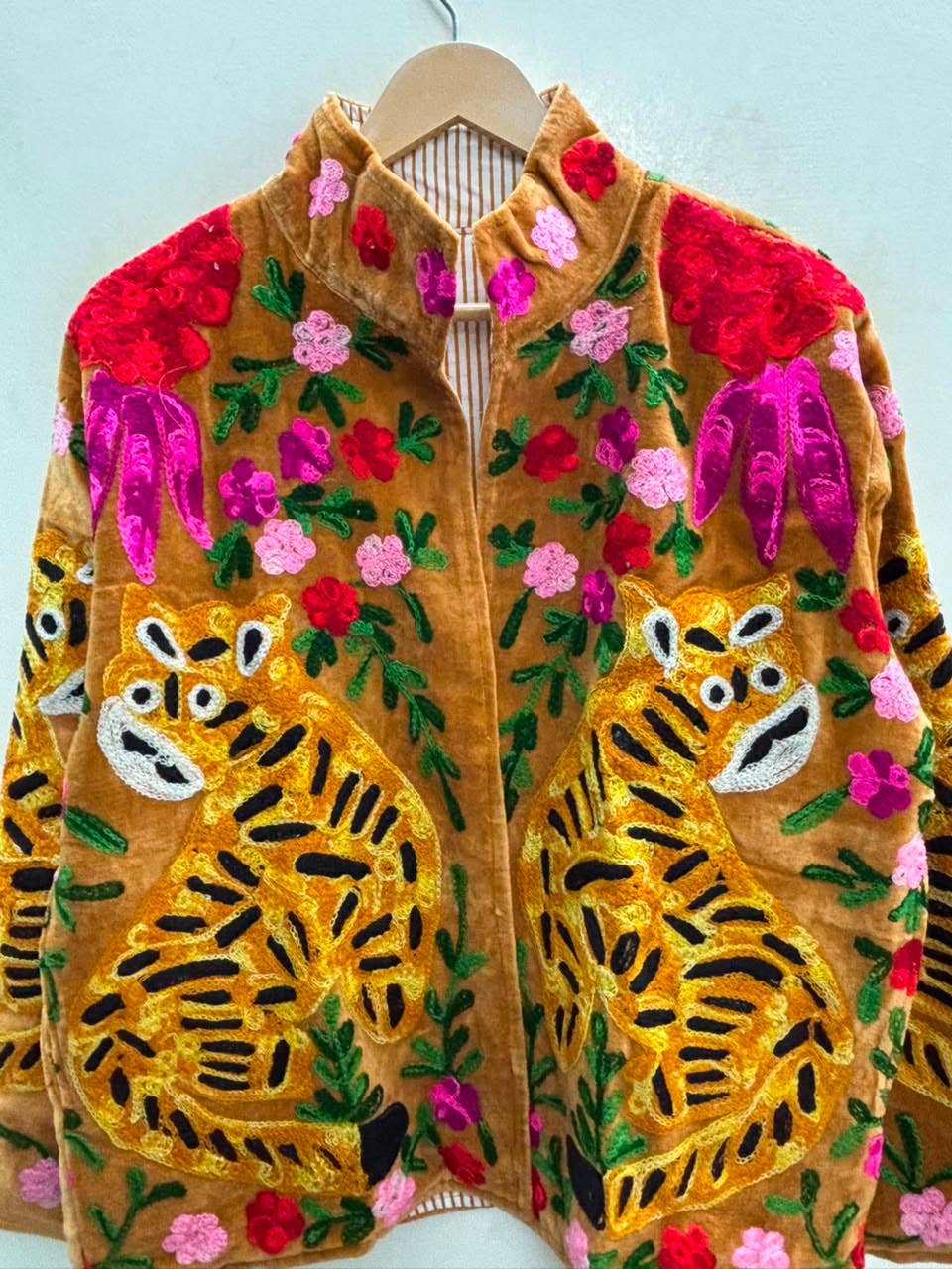 Villem The Bagh Suzani — Hand-Embroidered Velvet Jacket — Camel Gold with Crimson & Magenta Bloom Zoshak