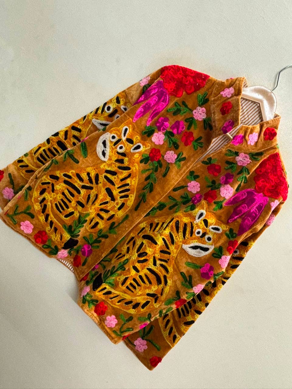 Villem The Bagh Suzani — Hand-Embroidered Velvet Jacket — Camel Gold with Crimson & Magenta Bloom Zoshak