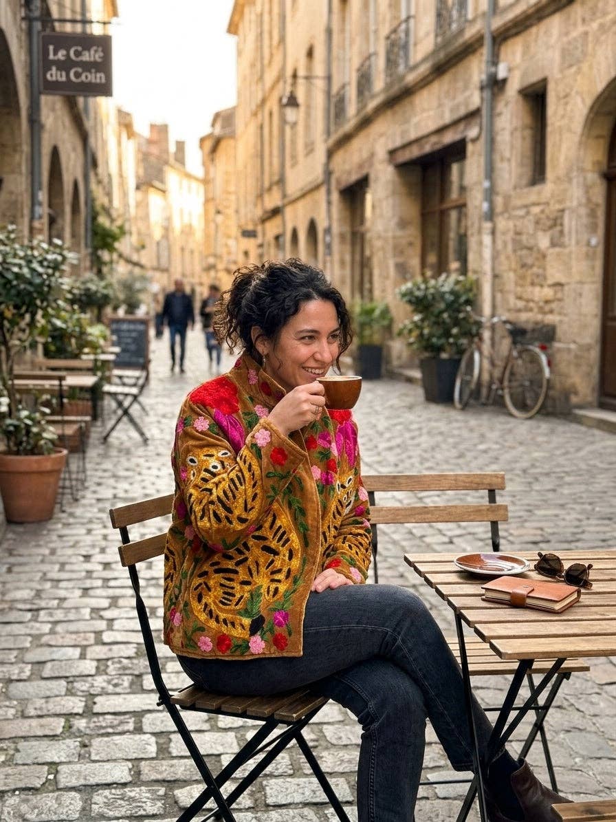 Villem The Bagh Suzani — Hand-Embroidered Velvet Jacket — Camel Gold with Crimson & Magenta Bloom Zoshak