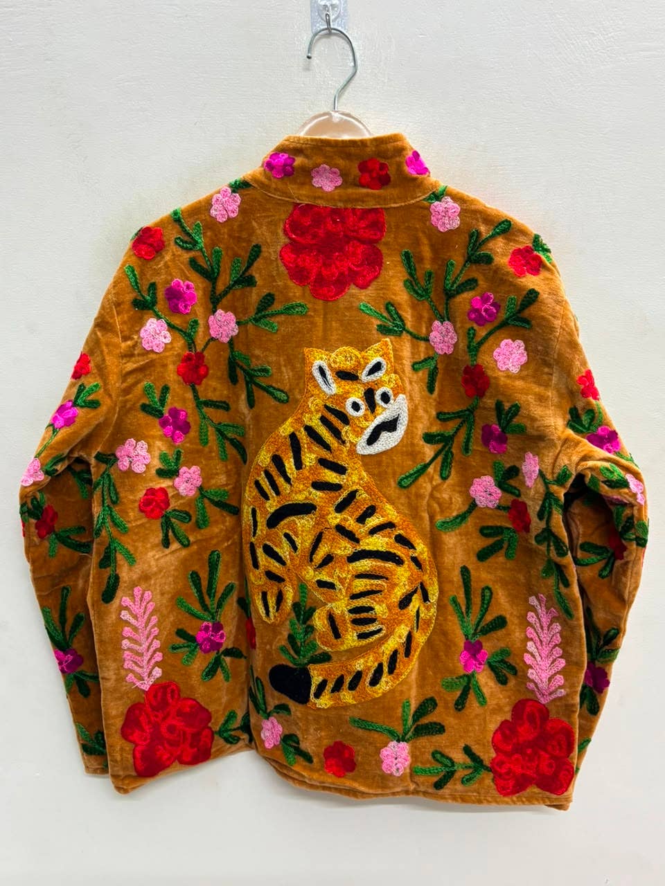 Villem The Bagh Suzani — Hand-Embroidered Velvet Jacket — Camel Gold with Crimson & Magenta Bloom Zoshak