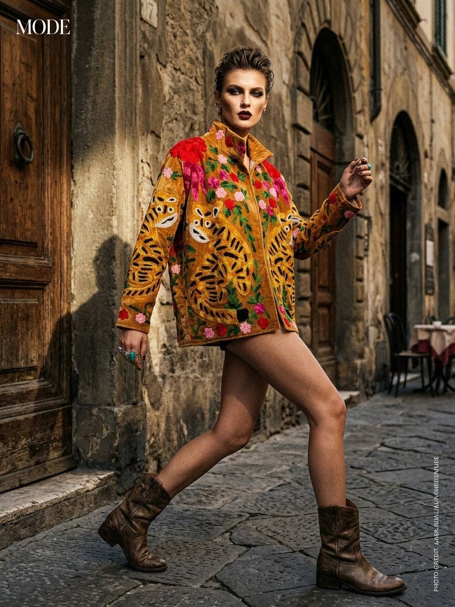 Villem The Bagh Suzani — Hand-Embroidered Velvet Jacket — Camel Gold with Crimson & Magenta Bloom Zoshak