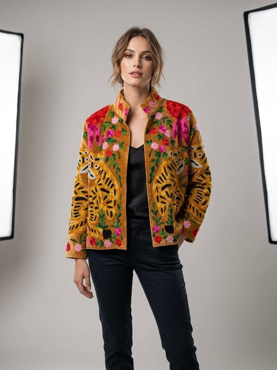 Villem The Bagh Suzani — Hand-Embroidered Velvet Jacket — Camel Gold with Crimson & Magenta Bloom Zoshak