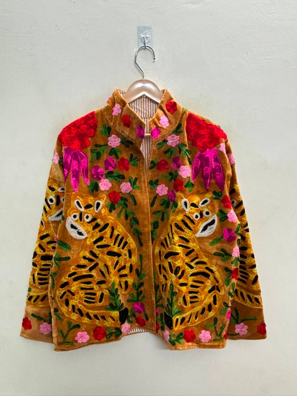 Villem The Bagh Suzani — Hand-Embroidered Velvet Jacket — Camel Gold with Crimson & Magenta Bloom Zoshak