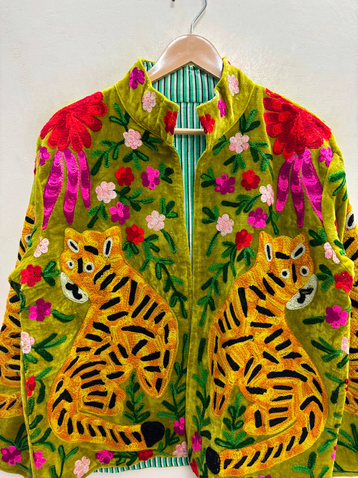Villem The Bagh Suzani — Hand-Embroidered Velvet Jacket — Moss Green with Tiger & Marigold Motifs Zoshak