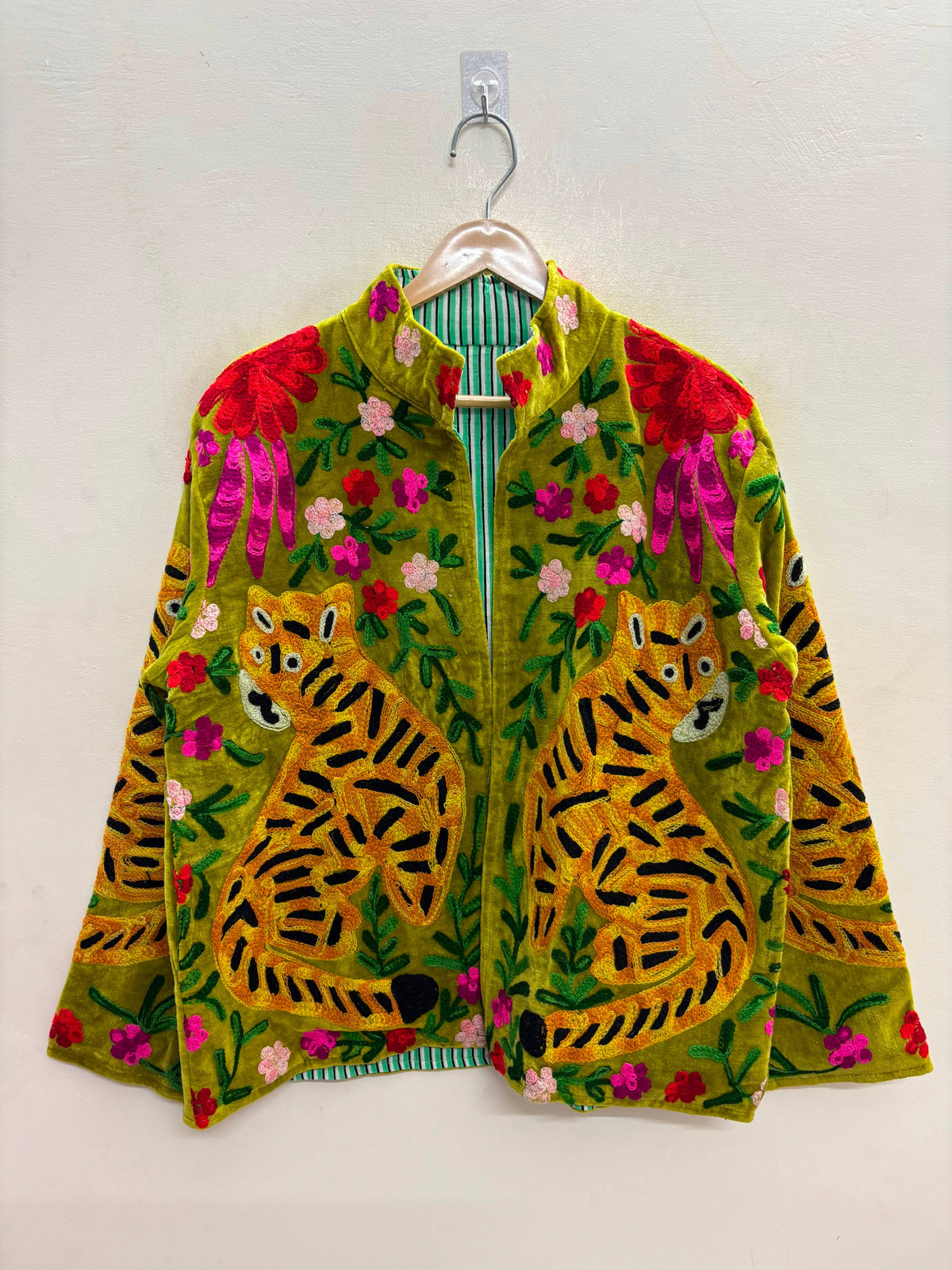 Villem The Bagh Suzani — Hand-Embroidered Velvet Jacket — Moss Green with Tiger & Marigold Motifs Zoshak