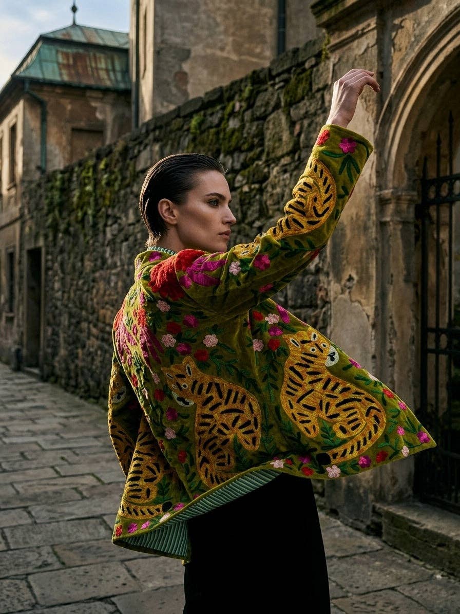Villem The Bagh Suzani — Hand-Embroidered Velvet Jacket — Moss Green with Tiger & Marigold Motifs Zoshak