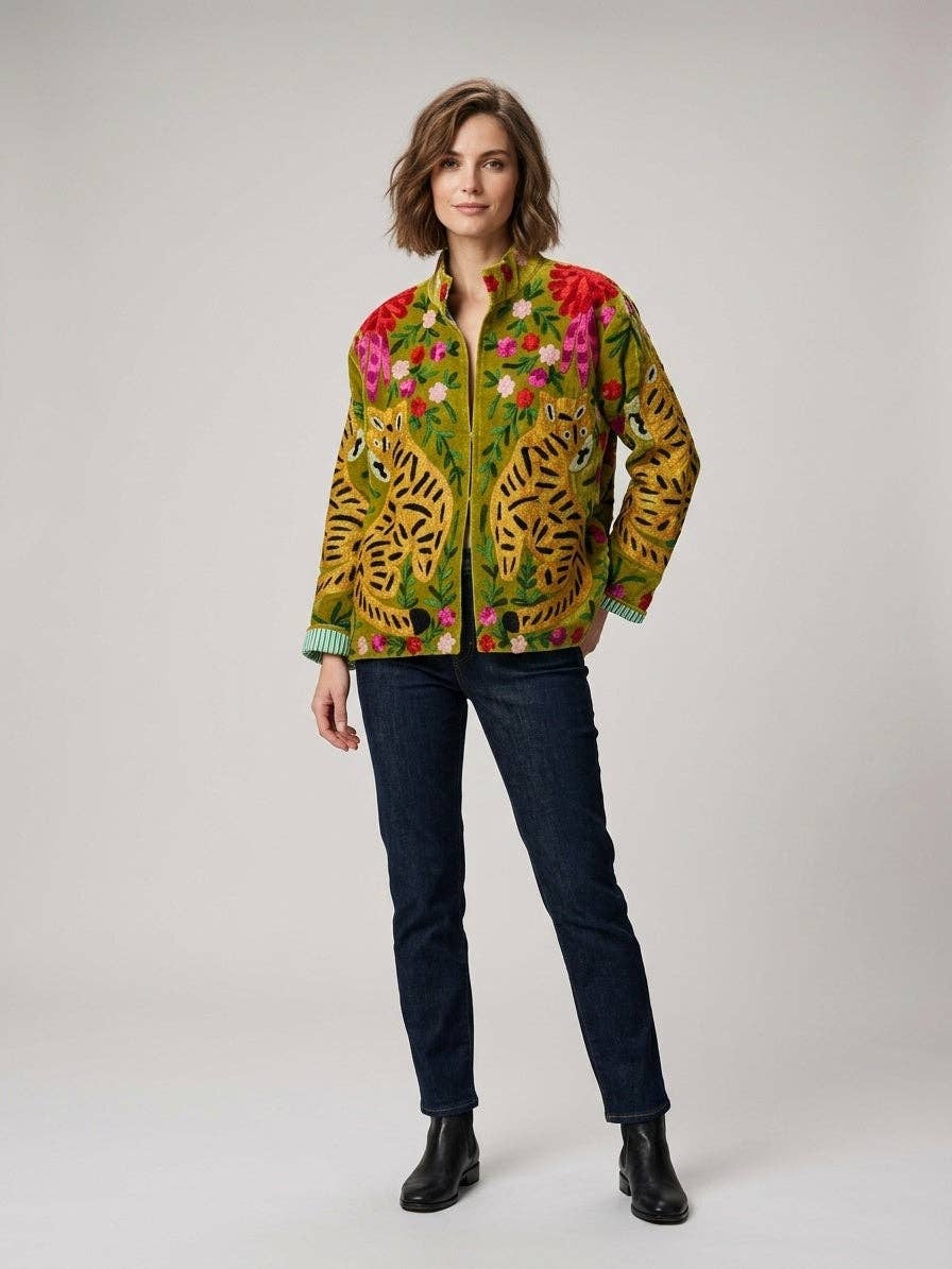 Villem The Bagh Suzani — Hand-Embroidered Velvet Jacket — Moss Green with Tiger & Marigold Motifs Zoshak
