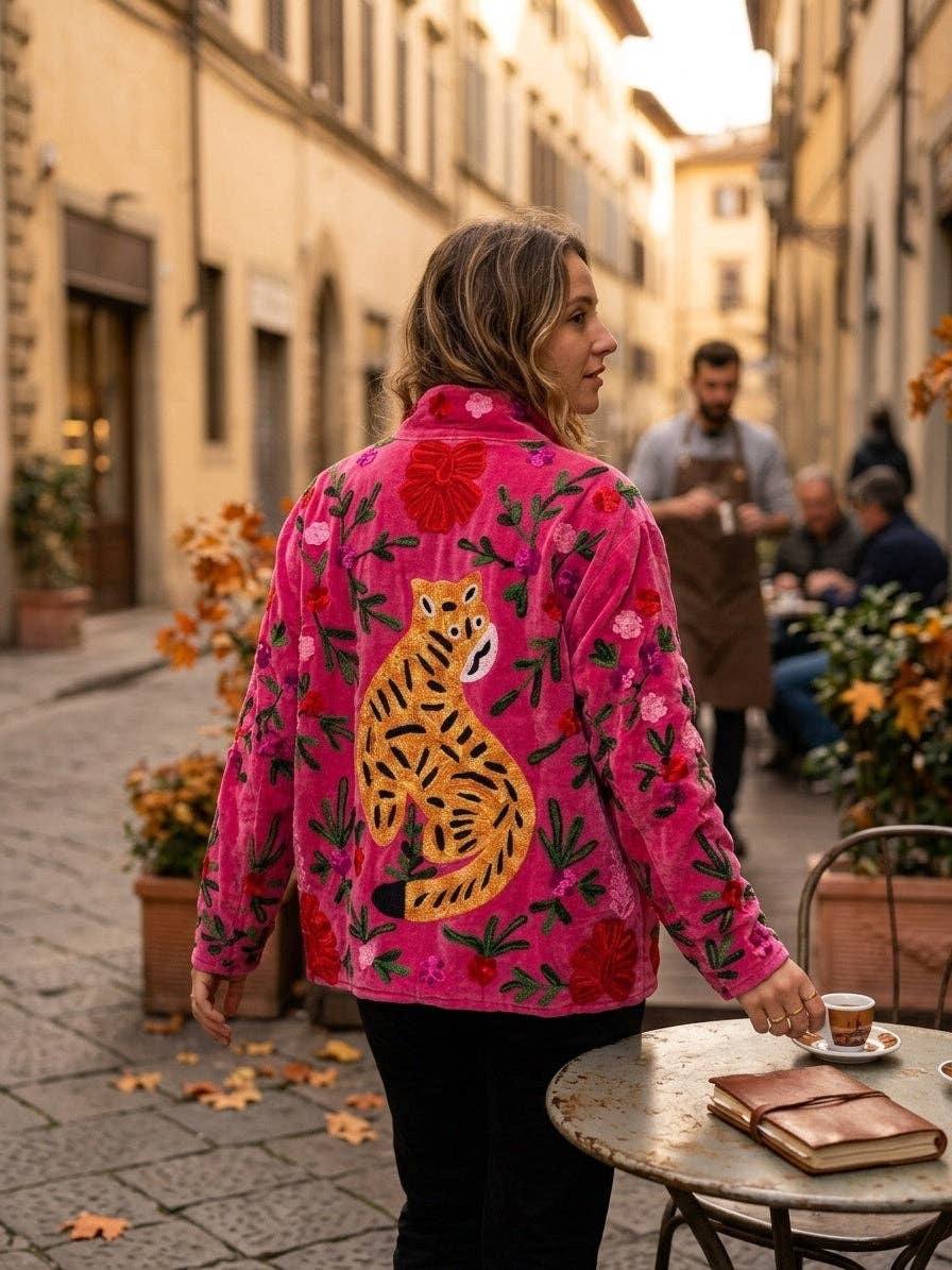 Villem The Bengal Bloom | käsitööna tikitud Suzani sametjakk | Fuchsia Pink with Amber Tiger Zoshak