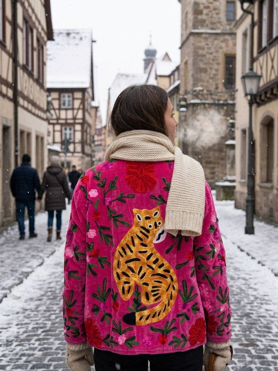 Villem The Bengal Bloom | käsitööna tikitud Suzani sametjakk | Fuchsia Pink with Amber Tiger Zoshak