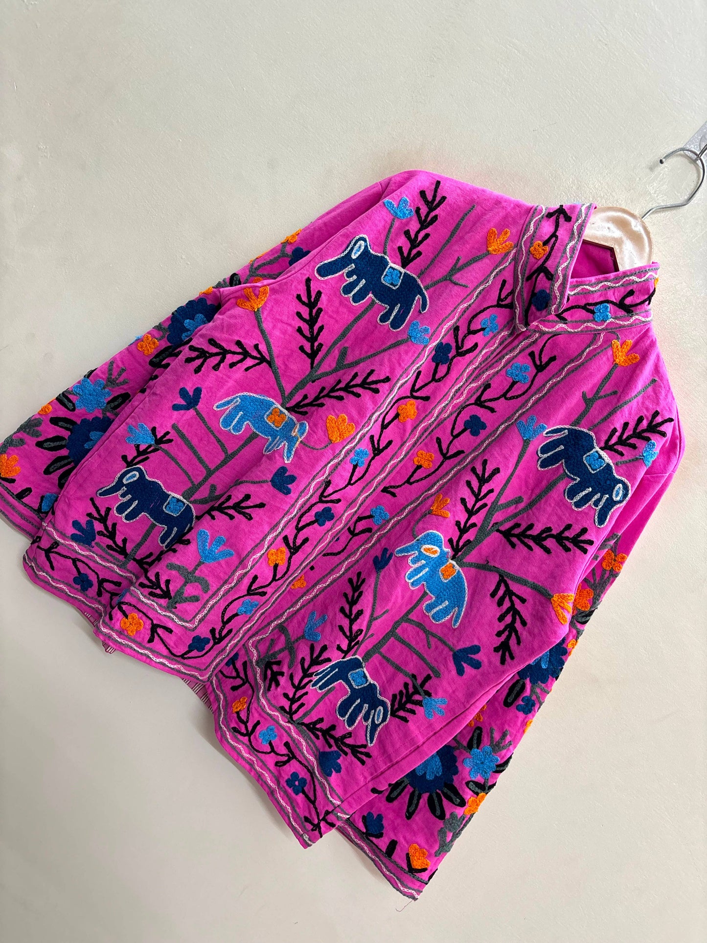 Villem The Fuchsia Elephant Trail — Suzani Hand-Embroidered Cotton Jacket — Magenta Pink with Indigo Blue & Marigold Orange Zoshak