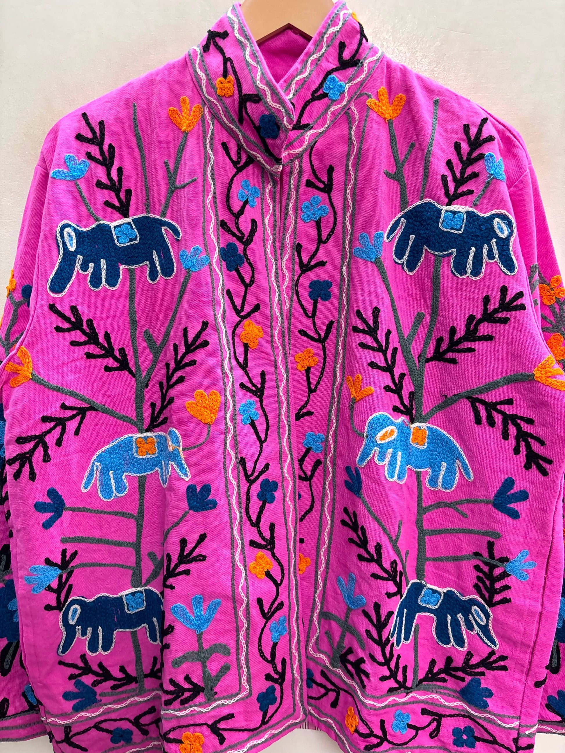 Villem The Fuchsia Elephant Trail — Suzani Hand-Embroidered Cotton Jacket — Magenta Pink with Indigo Blue & Marigold Orange Zoshak