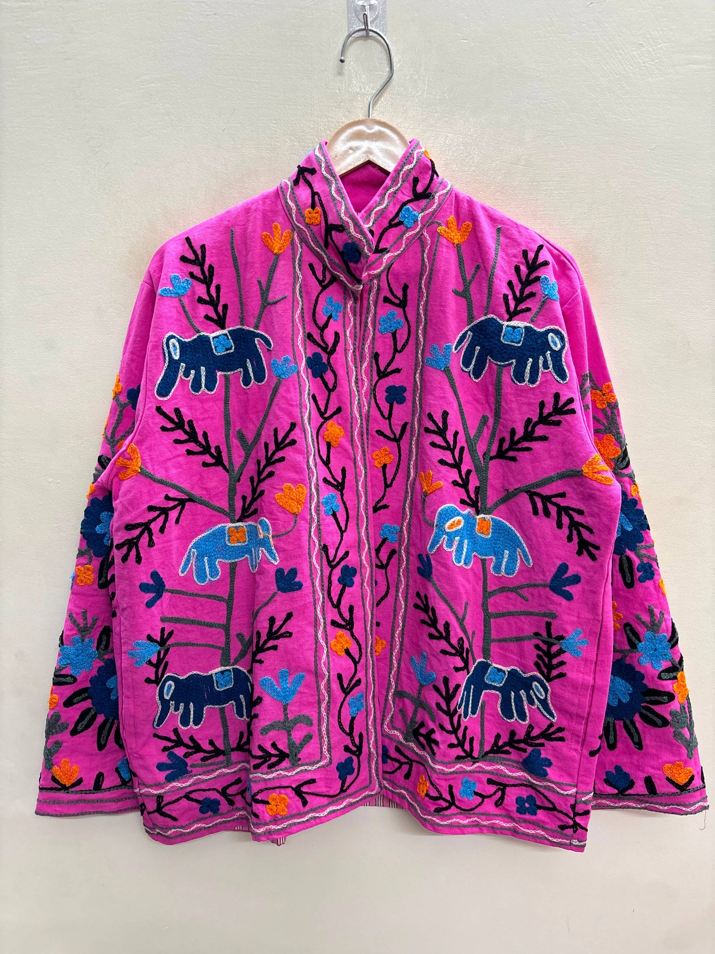 Villem The Fuchsia Elephant Trail — Suzani Hand-Embroidered Cotton Jacket — Magenta Pink with Indigo Blue & Marigold Orange Zoshak