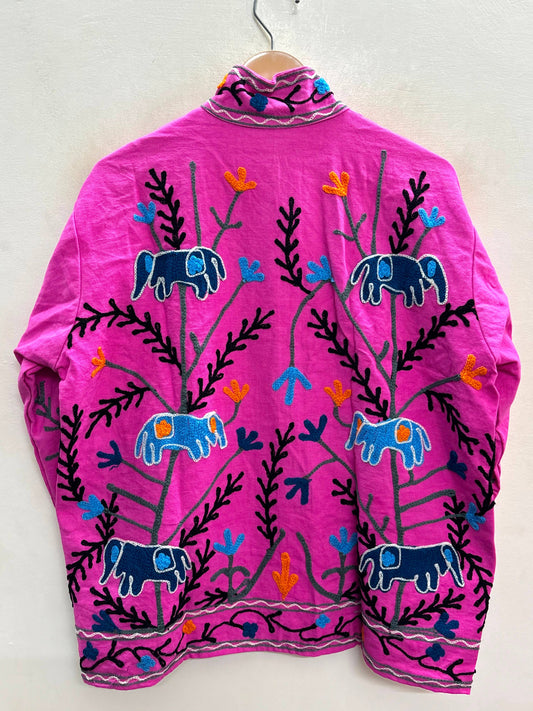 Villem The Fuchsia Elephant Trail — Suzani Hand-Embroidered Cotton Jacket — Magenta Pink with Indigo Blue & Marigold Orange Zoshak