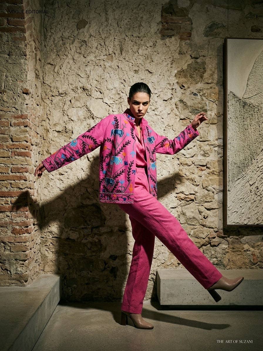 Villem The Fuchsia Elephant Trail — Suzani Hand-Embroidered Cotton Jacket — Magenta Pink with Indigo Blue & Marigold Orange Zoshak